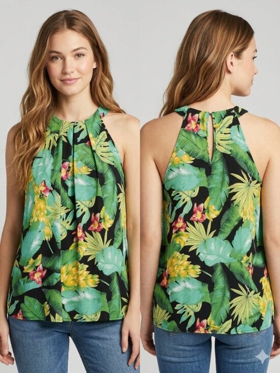 Nicole Miller Tops - Nicole Miller Tropical Halter Top M Linen Blend Banana Leaf Floral Resort Wear